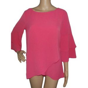 AGB Blouse Size Small pink shirt top textured tulip wrap bell sleeve polyester